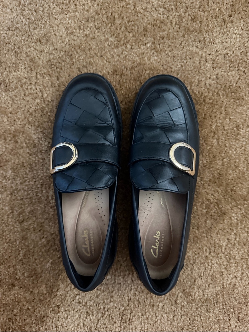 Clarks Black Woven Leather Loafers with Gold Buckle Accent